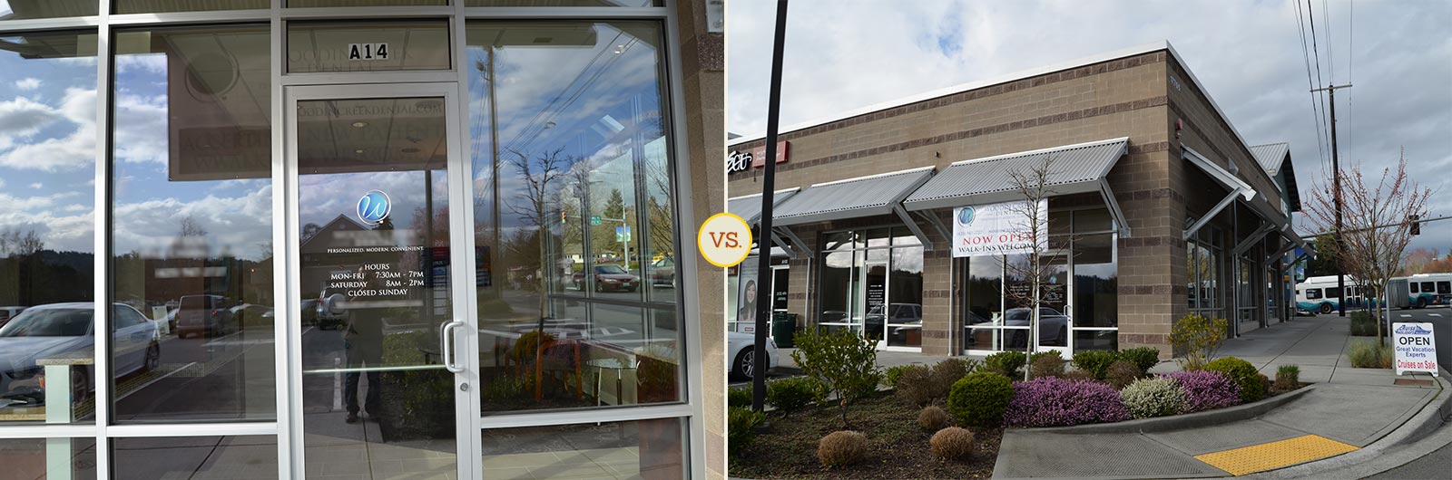 Side-by-side comparison of good and bad dental building photos