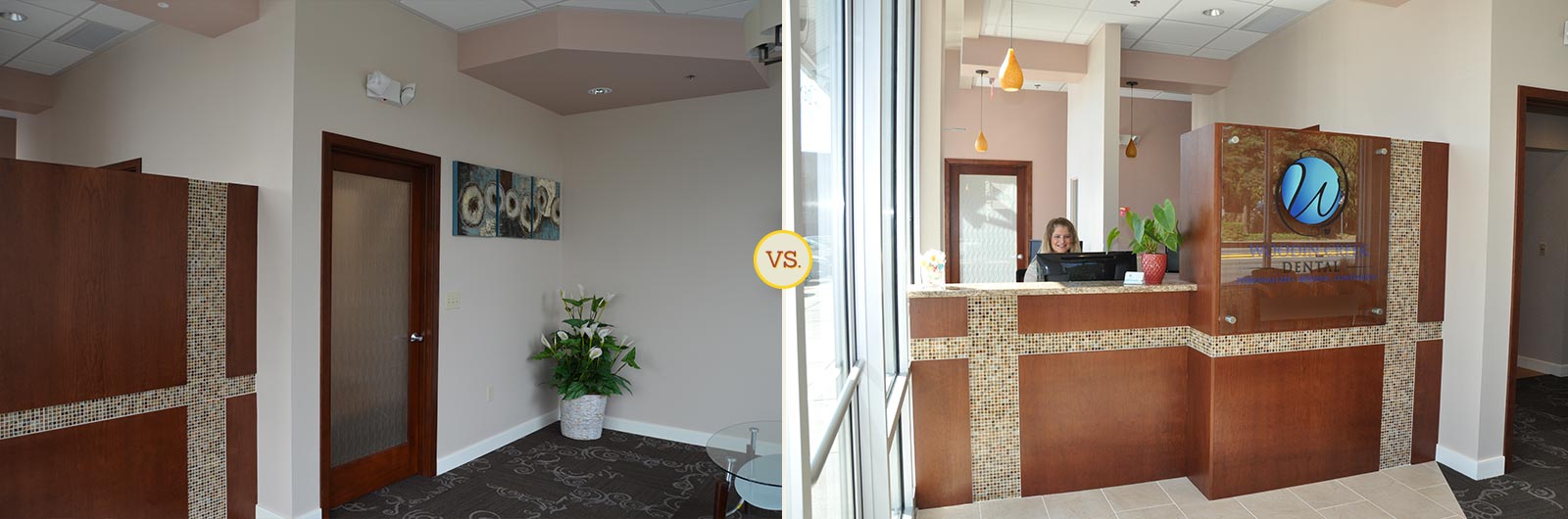 Side-by-side comparison of dental practice front desk photos