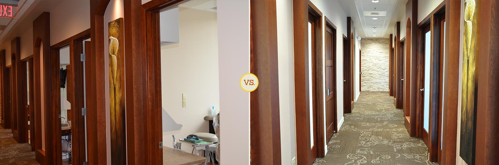 Side-by-side comparison of dental practice hallway photos