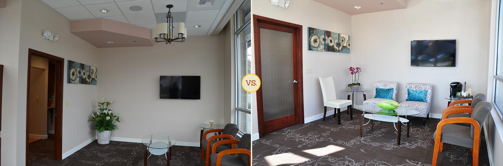 Side-by-side comparison of dental practice lobby photos