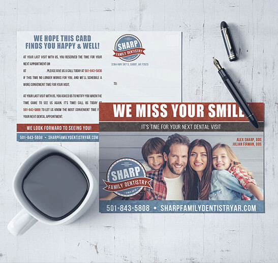 Mockup showing Sharp Family Dentistry's recall card design.