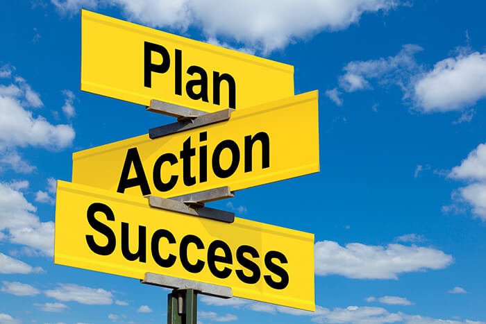 road signs saying 'Plan, Action, Success'